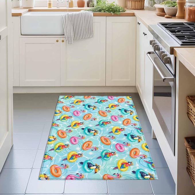 Area Rug 2x3ft, Summer Pool Float Swim Rings Washable Rugs for Living Room Bedroom, Tropical Flamingo Birds Soft Non-Slip Area Rugs Rectangle Floor Carpet for Dining Room
