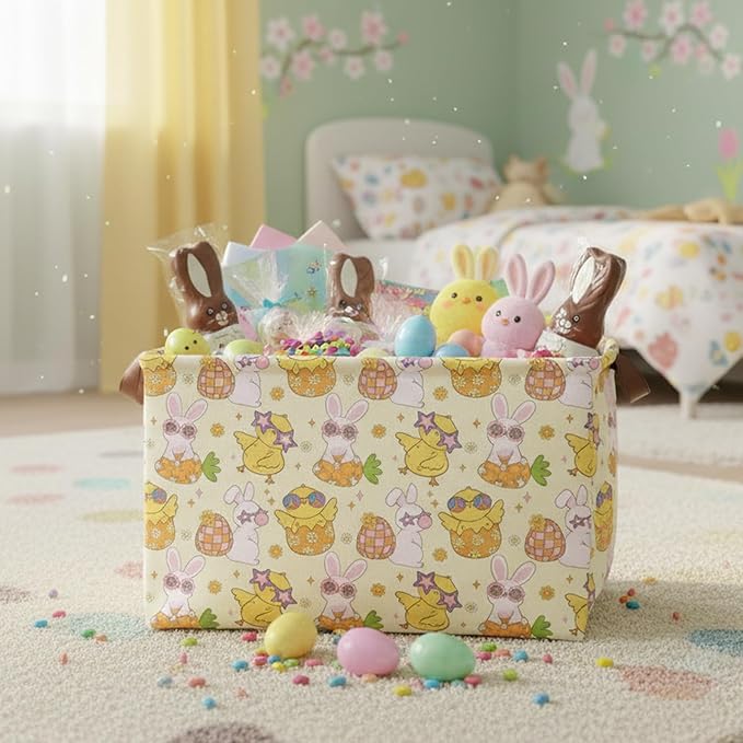 Large Rectangular Cute Kid Easter Basket Empty Bunny Eggs Easter Basket Gift Spring Room Storage Organizer Décor (E-11)