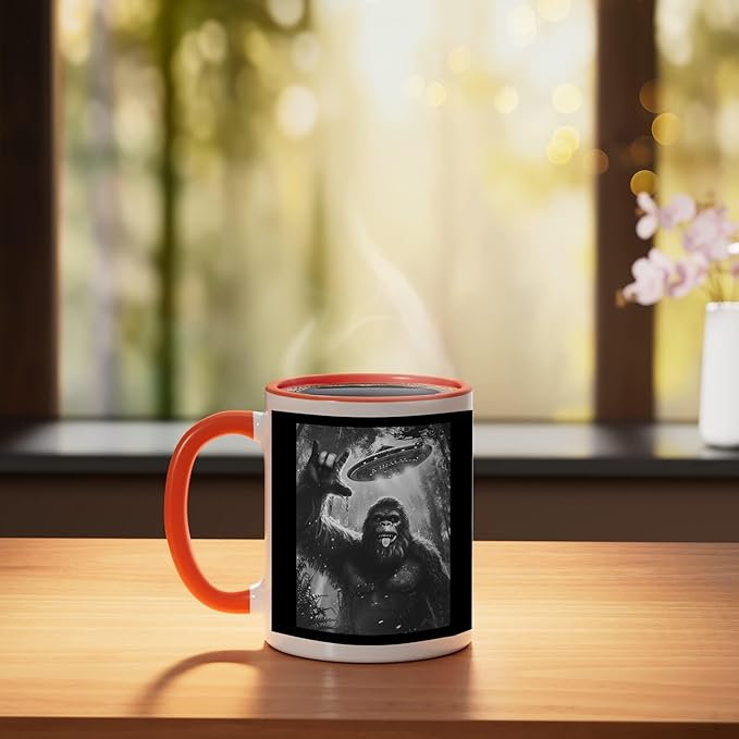Funny Sasquatch Bigfoot Rock On Selfie with UFO Alien Saucer Ceramic Mug, Orange/White