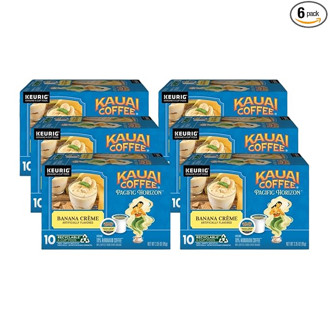 Kauai Coffee K-Cup Pods for Keurig Brewers – Arabica Coffee, 10% Hawaiian – Medium Roast, Banana Flavor with Creamy Vanilla – Banana Crème (Pack of 6)