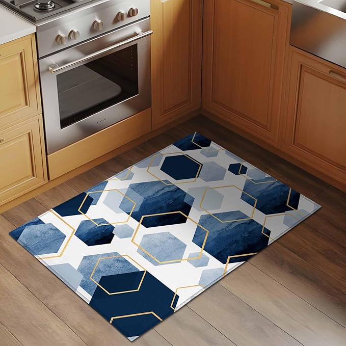 Area Rug 2x3ft, Watercolor Blue Hexagon Washable Rugs for Living Room Bedroom, Abstract Geometric Art Soft Non-Slip Area Rugs Rectangle Floor Carpet for Dining Room
