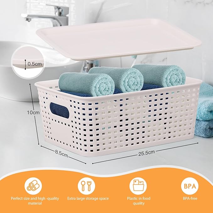 Misty Stream 6pcs Rattan Organiser Box with Lid & Handles Bathroom Kitchen Storage Boxes Plastic Storage Basket for Cupboards Shelves Bathrooms