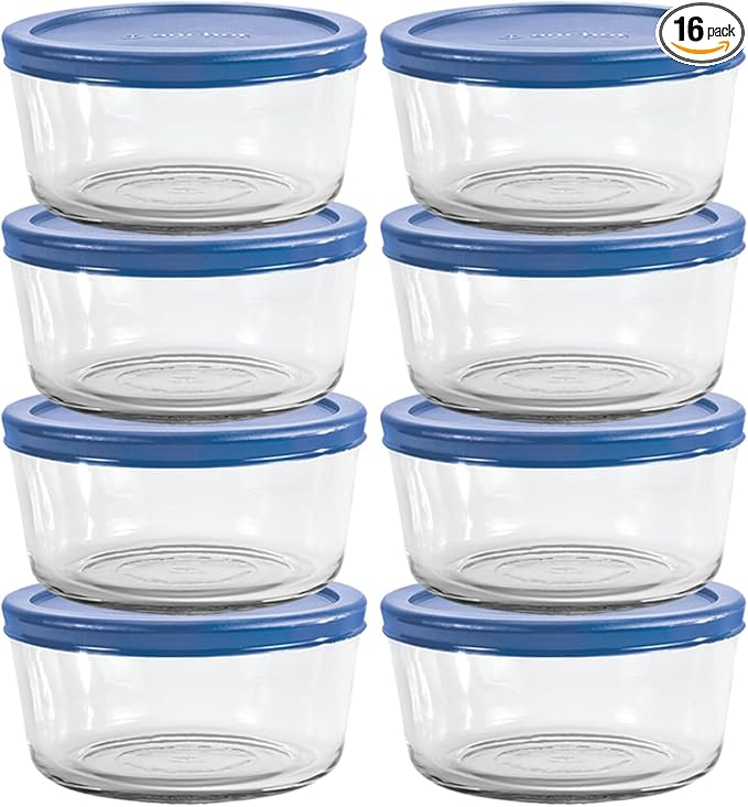 Anchor Hocking 2 Cup Glass Storage Containers with Lids, Set of 4 Glass Food Storage Containers with Blueberry SnugFit Lids (Pack of 2)