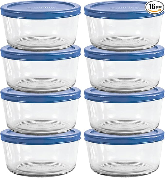 Anchor Hocking 2 Cup Glass Storage Containers with Lids, Set of 4 Glass Food Storage Containers with Blueberry SnugFit Lids (Pack of 2)
