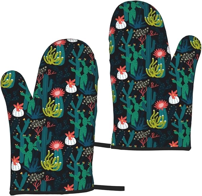 Green Cactus Oven Mitts of 2-Pack Set, Funny Kitchen Gloves Heat Resistant Non-Slip Kitchen Mitts for Cooking Baking Grilling