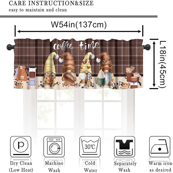 Coffee Gnome Curtain Valance, Rustic Vintage Brown Plaid Beans Drinks Latte Cappuccino Farmhouse Country Short Window Drapes for Kitchen Cafe Dining Room Bedroom Living Room, 54x18Inch