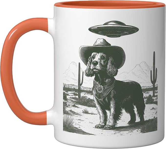 Funny Cowboy Dog UFO Alien Desert Cactus Western Canine Ceramic Mug, Orange/White