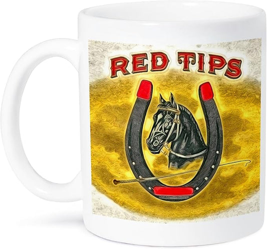 3dRose Red Tips Digitally Altered Vintage Horse Label Ceramic Mug, 11-Ounce