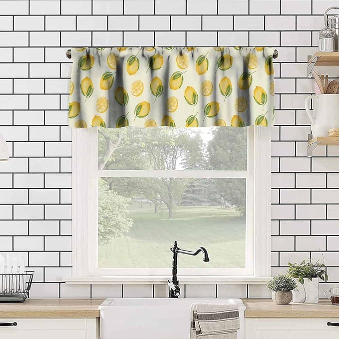 Watercolor Lemon Window Valance, Sweet Yellow Fruit Juicy Kitchen Short Rod Pocket Drapes for Dining Bedroom Living Room Cafe Resturant Home Decor, 54x18Inch