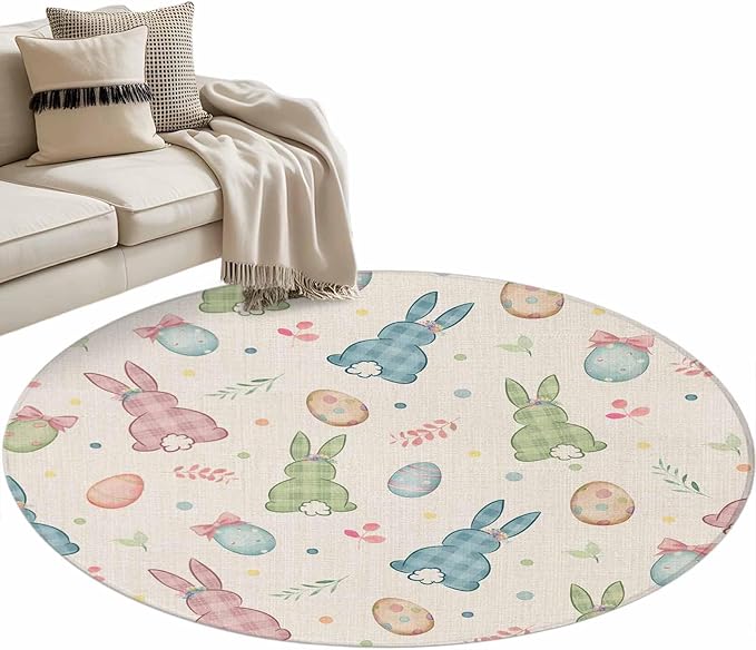 Washable Round Area Rug Happy Easter Cute Plaid Bunny Circle Rugs Floor Carpet for Living Room Bedroom, Colorful Egg Leaves Farm Linen Soft Non Slip Round Rug 4ft