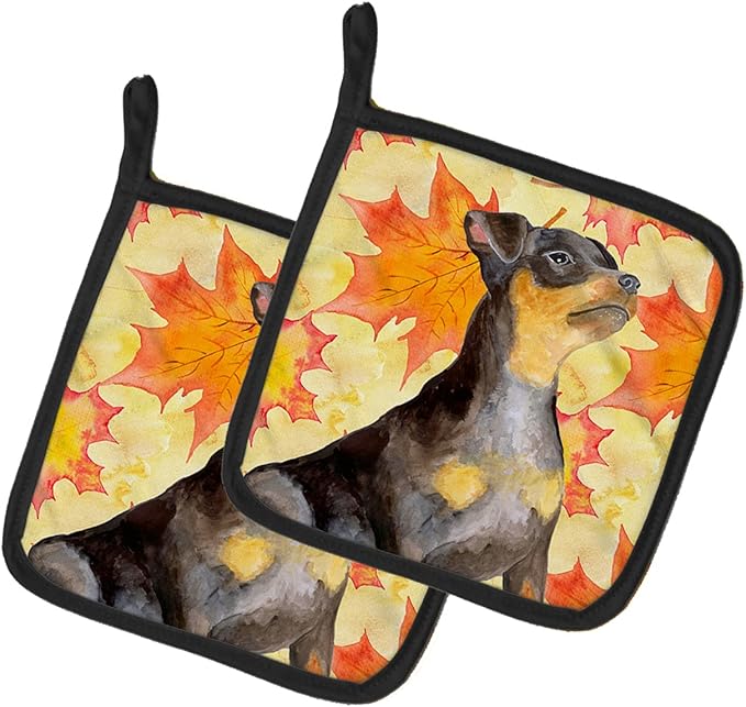 Caroline's Treasures BB9985PTHD Miniature Pinscher #2 Fall Pair of Pot Holders, Yellow Kitchen Heat Resistant Pot Holders Sets Oven Hot Pads for Cooking Baking BBQ, 7 1/2 x 7 1/2