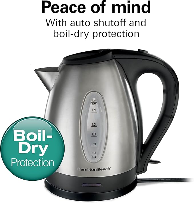 Hamilton Beach Electric Tea Kettle,Water Boiler & Heater,1.7 Liter,Cordless Serving,1500 Watts for Fast Boiling,Auto-Shutoff and Boil-Dry Protection,Stainless Steel (40880),(Pack of 2)
