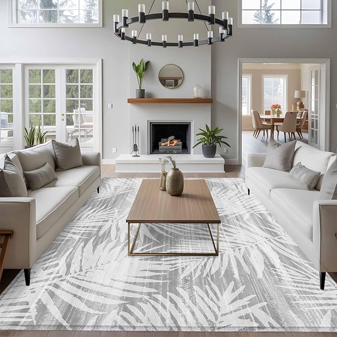Area Rug 8x10ft, Modern Gray Palm Leaves Washable Rugs for Living Room Bedroom, Boho Tropical Leaves Soft Non-Slip Area Rugs Rectangle Floor Carpet for Dining Room