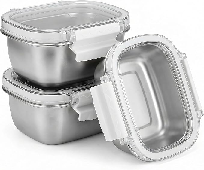 3 Piece Stainless Steel Containers with Lids, 8.5oz Food Storage Containers Leakproof Lunch Small Snack Boxes, Reusable Meal Prep Containers Suitable for Dips, Condiments, Snacks