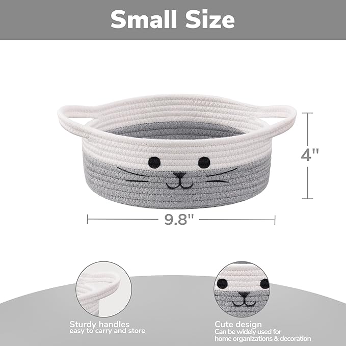 Cute Cat Toy Basket, Gift Baskets Empty for Home Decor, Baby Basket for Baby Shower, Small Cotton Rope Baskets for Pets Toys, White & Grey, 9.8 x 4 inches
