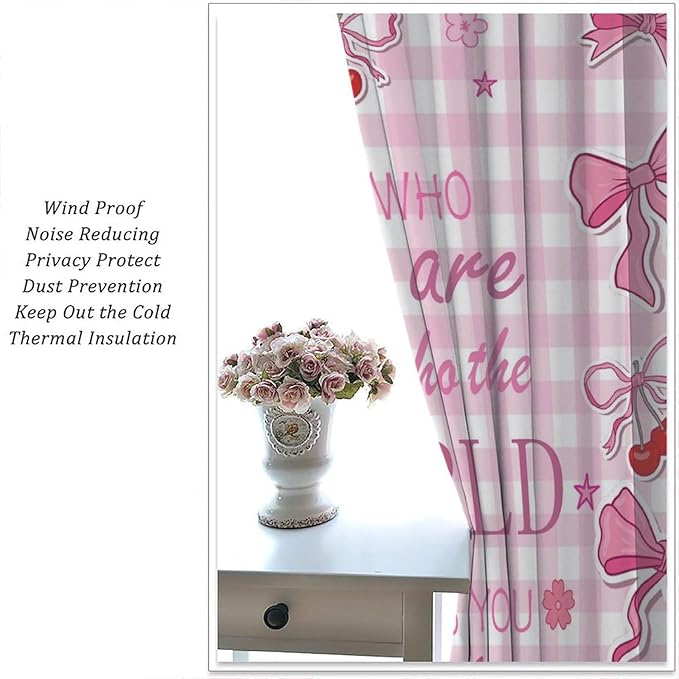 Pink Bow Blackout Curtain,Girls Modern Cherry Plaid Floral Star Abstract Window Curtains for Kitchen Bedroom Cafe Dining Room Office Living Room Drapes,52x96 in