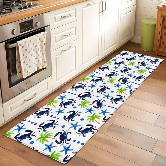 Runner Rug for Bedroom Hallway, Abstract Blue Crab Starfish Kitchen Runner Rugs Area Rug 2x6ft, Watercolor Palm Tree Washable Soft Floor Carpet for Entryway Stair