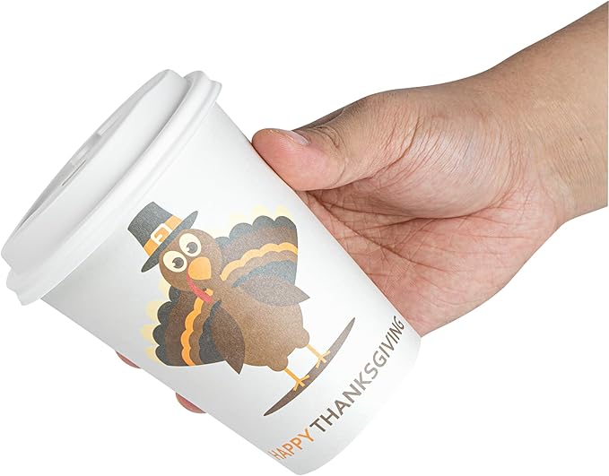 Restaurantware-Restpresso 12 Ounce Thanksgiving Party Cups, 400 Disposable Hot Cups With Plastic Lids - Turkey Design, Rolled Rim, Paper Coffee Cups, Single Wall, Serve Hot And Cold Drinks
