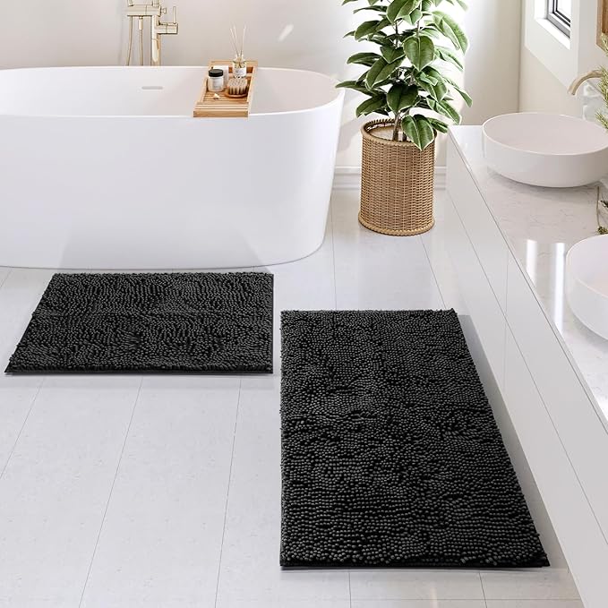 Clara Clark Black Shower Curtain Set with Rugs - Bathroom Sets with Shower Curtain and Rugs, Fabric Shower Curtains and 2 Bath Mats, Modern Bathroom Shower and Curtain Sets for Tub Or Stall