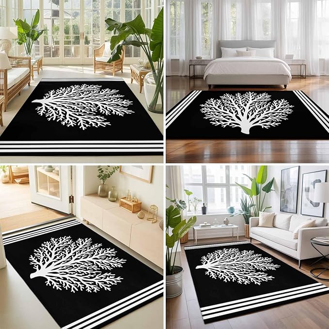 Area Rug 8x10ft, Coastal Coral Reef Texture Washable Rugs for Living Room Bedroom, Ocean Theme Black White Soft Non-Slip Area Rugs Rectangle Floor Carpet for Dining Room