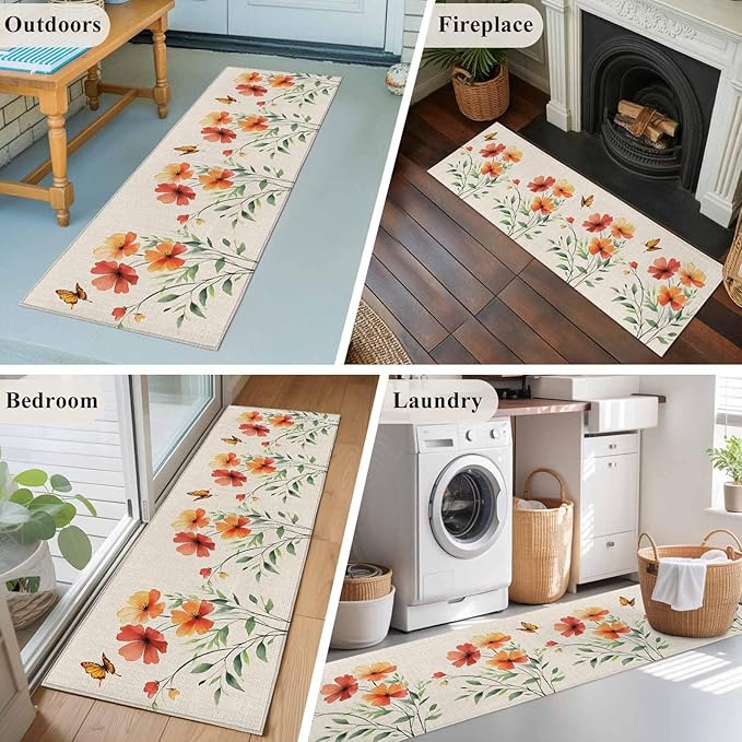 Runner Rug for Bedroom Hallway, Summer Watercolor Flower Butterfly Kitchen Runner Rugs Area Rug 2x6ft, Green Leaves Retro Linen Washable Soft Floor Carpet for Entryway Stair