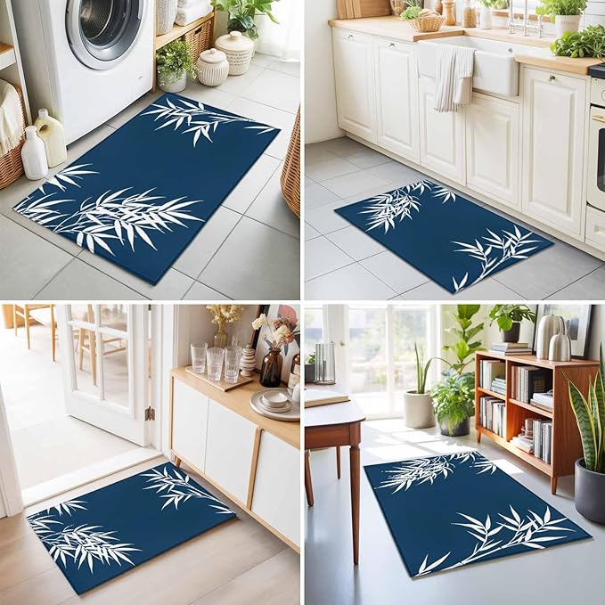 Area Rug 2x3ft, Country Leaf on Dark Blue Washable Rugs for Living Room Bedroom, Botanical Silhouette Minimalist Style Soft Non-Slip Area Rugs Rectangle Floor Carpet for Dining Room