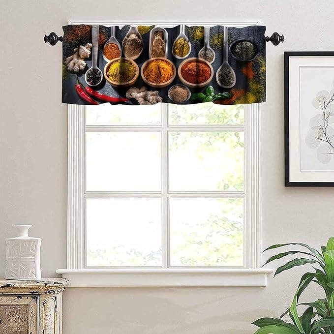 Kitchen Spices Valance, Vintage Cooking Seasoning Food Herb Bowls Spoons Farmhouse Rod Pocket Window Treatment for Cafe Resturant Bedroom Living Room, 54x18Inch