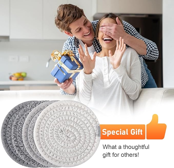 OIAHOMY 8 Pcs Coasters with Holder for Beer, Coffee, Woven Cotton Coaster Set for Table Decor for Kitchen, Bar, Dining Room, Living Room, Housewarming Gifts - Grey