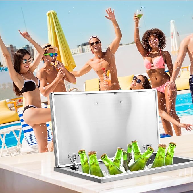 Drop In Ice Chest, 28''L x 14''W x 17''H Stainless Steel Ice Cooler, Commercial Ice Bin With Hinged Cover, 87.4QT Outdoor Kitchen Ice Bar, Drain-Pipe and Drain Plug Included,for Cold Wine Beer