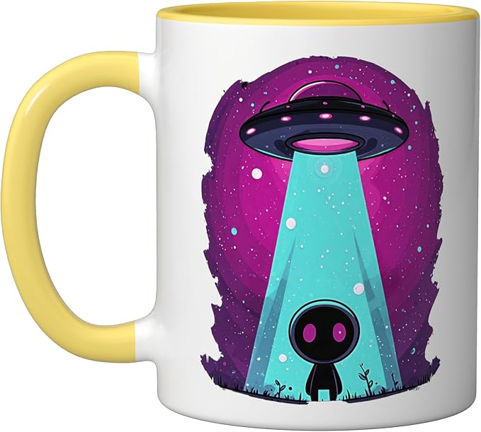 Cute Alien Abduction UFO Retro Space Sci Fi Kawaii Ceramic Mug, Yellow/White