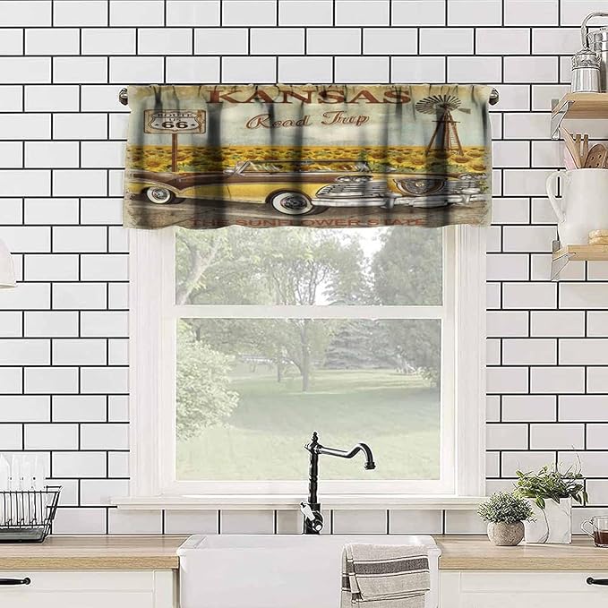 Retro Car Valance Curtain American Vintage Classic Old Car with Sunflowers Print Rod Pocket Valance Window Treatments Short Curtains for Kitchen Bathroom Farmhouse 54x18inch
