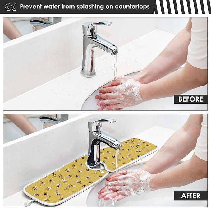 Kitchen Faucet Absorbent Mat,Bees Honey Honeycombs Water Splash Guard for Sink, Faucet Drip Catcher Thicken Sponge Microfiber Faucet Water Catcher Mat Sink Absorbent Mat for Kitchen 14x5in 2 Pack