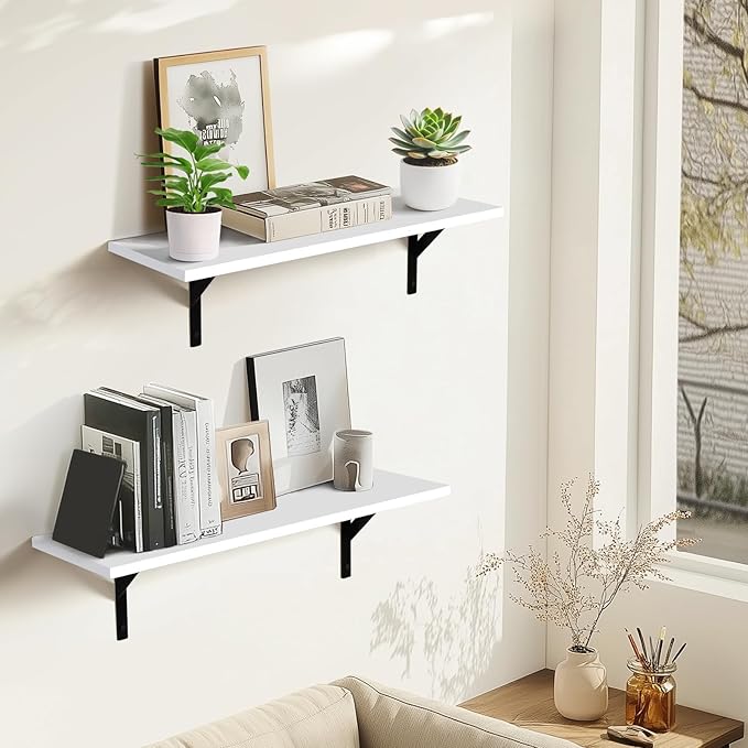 Tectocker-DOU Heavy Duty Long Wall Shelves Set of 2, Floating Shelves Wall Mounted with Industrial Brackets, 40lbs Capacity Shelves for Laundry Room, Kitchen, Bathroom, Living Room (24"*8",White)