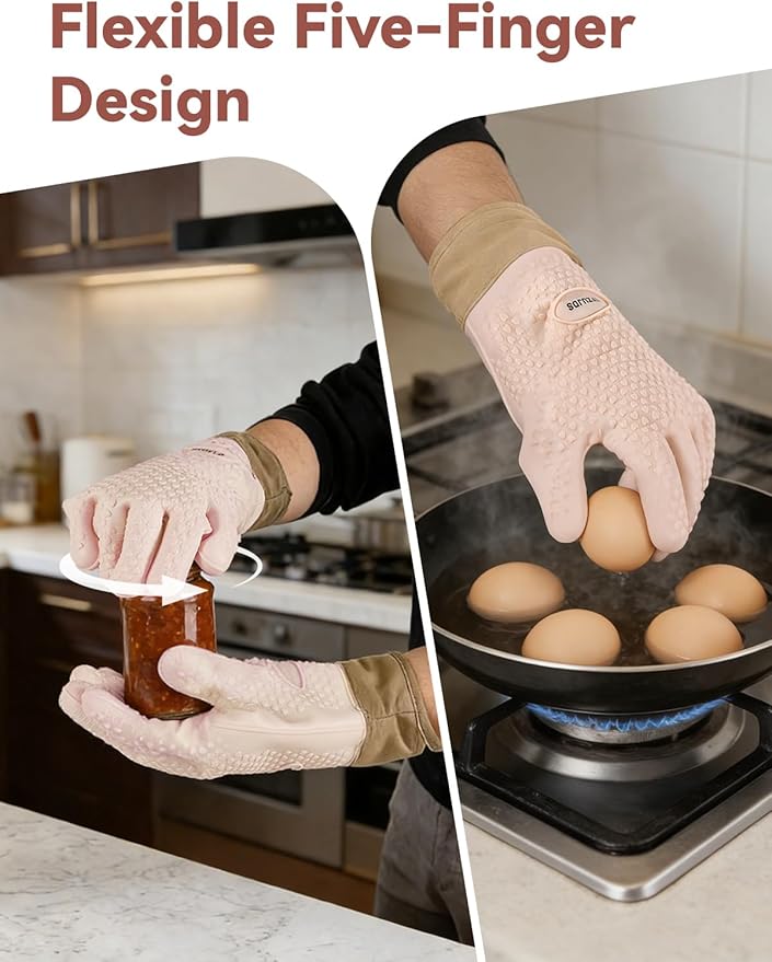 Silicone Oven Mitts with Five-Finger Design, Extended Cuff & Soft Cotton Lining – Heat Resistant, Waterproof, Non-Slip Oven Gloves for Baking, Cooking, Grilling, Safe Grip on Hot Cookware - Pink