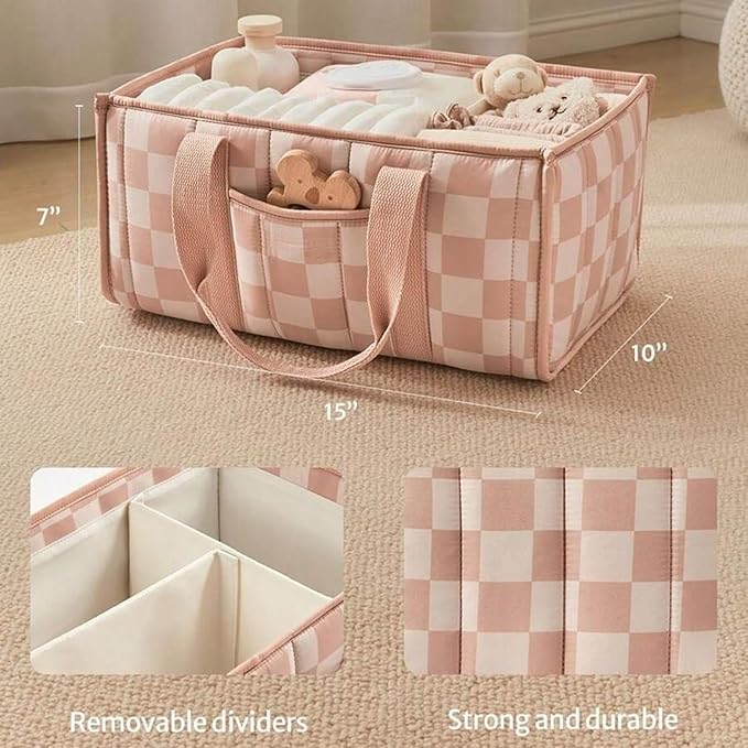 Quilted Fabric Storage Basket Floral Baby Diaper Caddy Quilted Basket for Nursery Bedroom Car Storage (L- Pink Plaid)