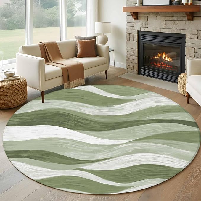 Washable Round Area Rug Modern Sage Green Gradient Stripe Circle Rugs Floor Carpet for Living Room Bedroom, Abstract Ocean Wave Soft Non Slip Round Rug 5ft