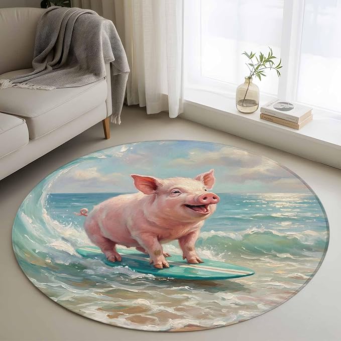 Washable Round Area Rug Surfing Farm Pink Pig Circle Rugs Floor Carpet for Living Room Bedroom, Summer Blue Sea Wave Beach Soft Non Slip Round Rug 3ft