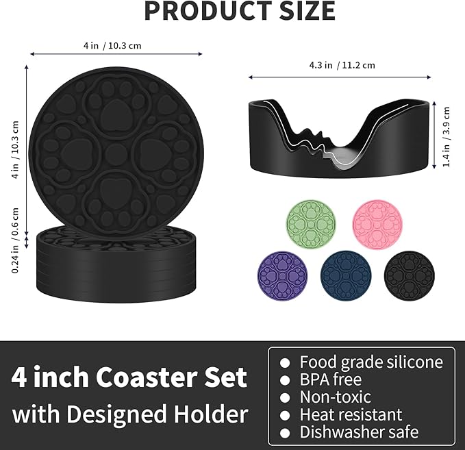 Black Silicone Coasters with Holder, 4 Inch Modern Non-Slip Drink Coasters Set of 6, Decorative Cup Mats for Desk, Tabletop, Coffee, Beer & Beverage, Dishwasher Safe - Housewarming Gift
