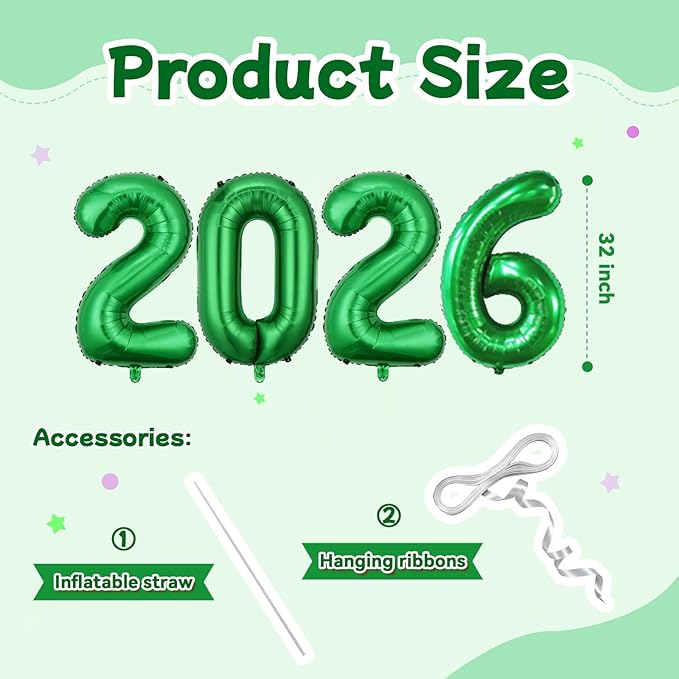 Green 2026 Balloons, Large 32 Inch Foil 2026 Number Balloons, Grad Balloons for Class of 2026 Graduation Party, Green Matellic Foil New Year Birthday Home Office Party Supplies
