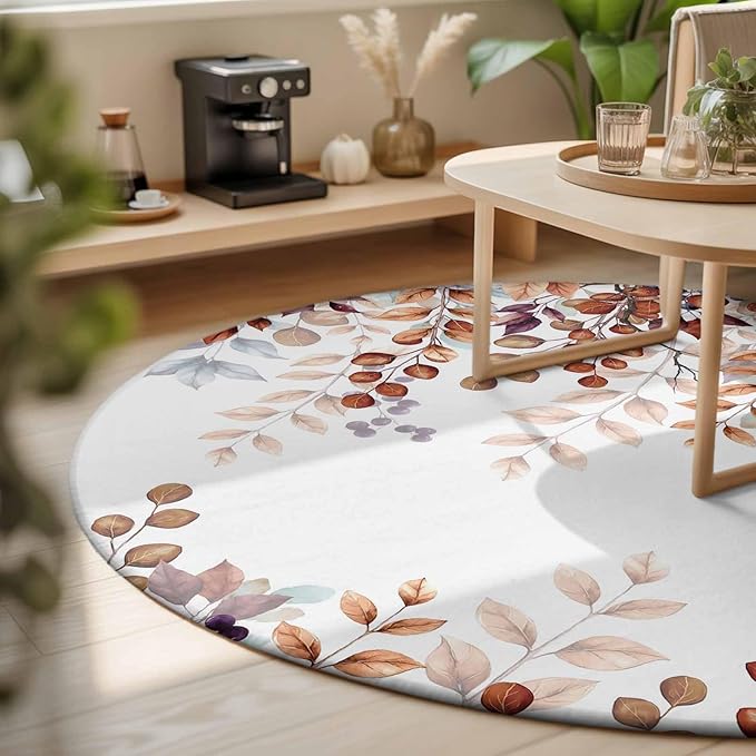 Washable Round Area Rug Fall Orange Watercolor Eucalyptus Leaves Circle Rugs Floor Carpet for Living Room Bedroom, Fallen Leaf on White Soft Non Slip Round Rug 3ft