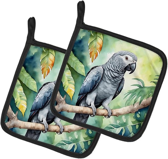 Caroline's Treasures African Grey Parrot Pair of Pot Holders Kitchen Heat Resistant Pot Holders Sets Oven Hot Pads for Cooking Baking BBQ, 7 1/2 x 7 1/2