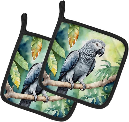 Caroline's Treasures African Grey Parrot Pair of Pot Holders Kitchen Heat Resistant Pot Holders Sets Oven Hot Pads for Cooking Baking BBQ, 7 1/2 x 7 1/2
