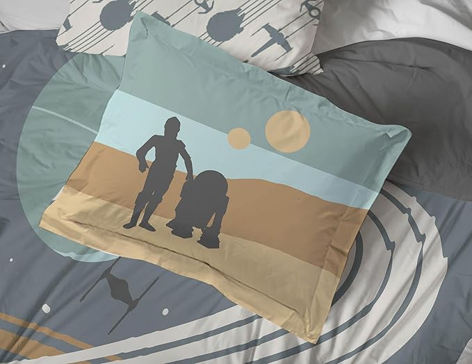 Jay Franco Star Wars Queen Size Comforter Set - 7 Piece Bedding Includes Sheet Set & Pillow Covers - Super Soft Cozy Bedding with Death Star and Millennium Falcon
