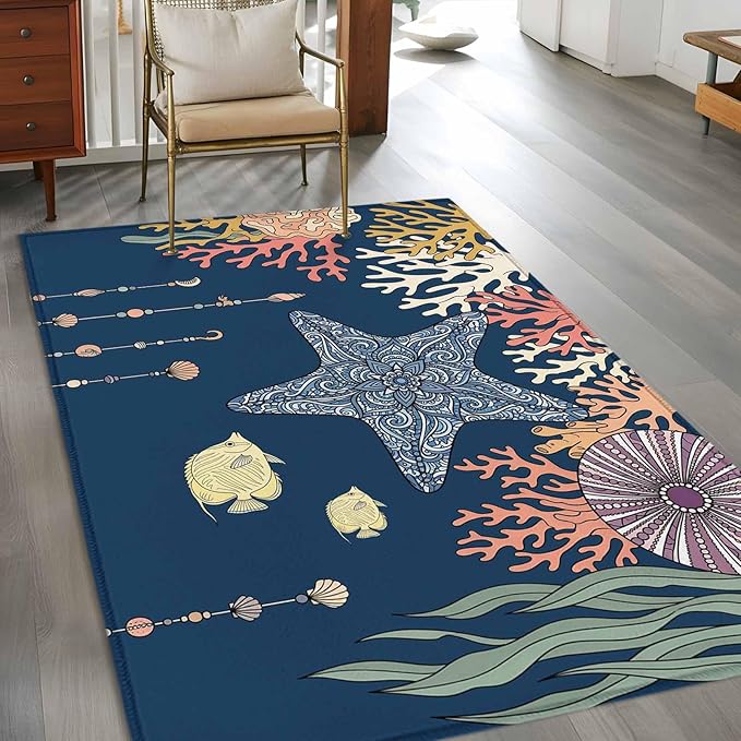 Area Rug 4x6ft, Ocean Starfish Coral Fish Washable Rugs for Living Room Bedroom, Underwater Creature on Navy Blue Soft Non-Slip Area Rugs Rectangle Floor Carpet for Dining Room