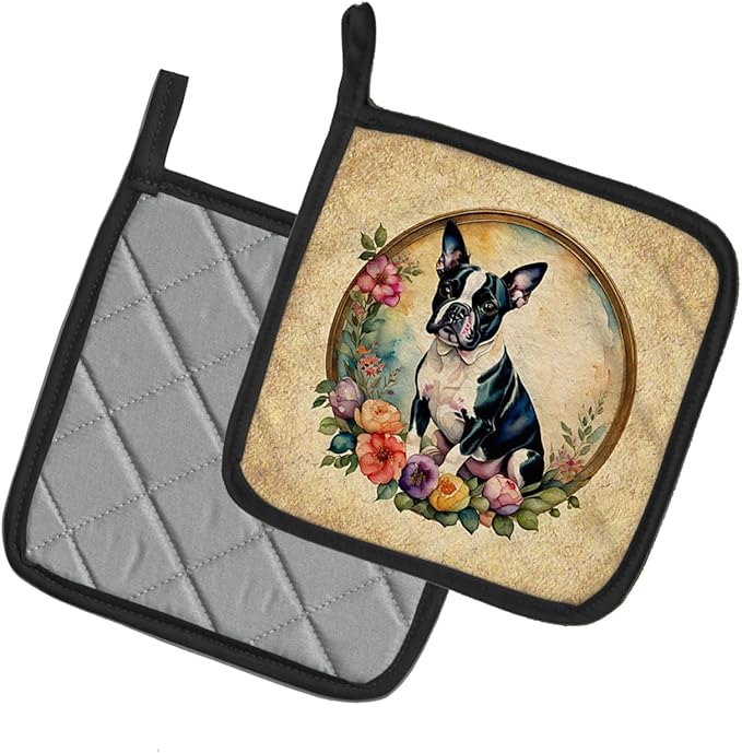 Caroline's Treasures Boston Terrier and Flowers Pair of Pot Holders Kitchen Heat Resistant Pot Holders Sets Oven Hot Pads for Cooking Baking BBQ, 7 1/2 x 7 1/2