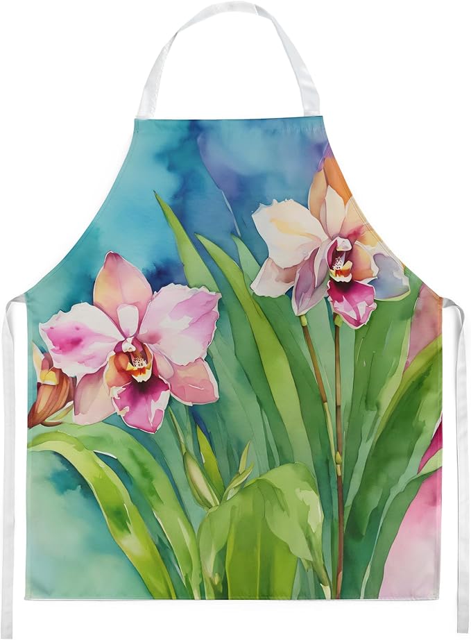Caroline's Treasures Orchids in Watercolor Apron Cooking Kitchen Server Baking Crafts Gardening for Adult Women Men, Unisex, Large, Multicolor