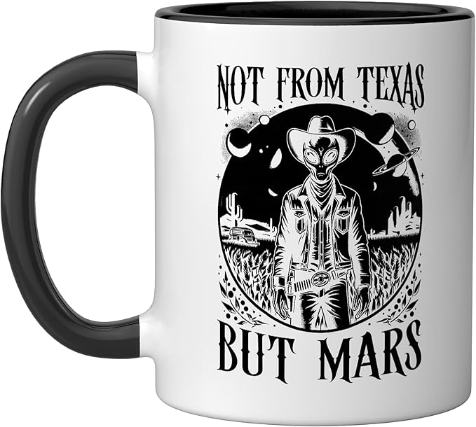 Alien Lover Flying Saucer UFO Extraterrestrial Cowboy Ceramic Mug, Black/White