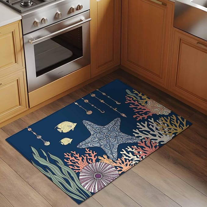 Area Rug 2x3ft, Ocean Starfish Coral Fish Washable Rugs for Living Room Bedroom, Underwater Creature on Navy Blue Soft Non-Slip Area Rugs Rectangle Floor Carpet for Dining Room