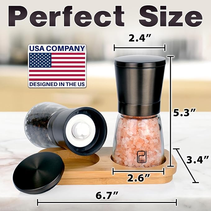 Premium Salt and Pepper Grinder Set with Bamboo Holder - 5 oz, Black Bronze Stainless Steel - S&P Spice Shakers - Refillable & Adjustable Coarseness Hand Mill for Spices & Seasonings - by PJC-Kitchen