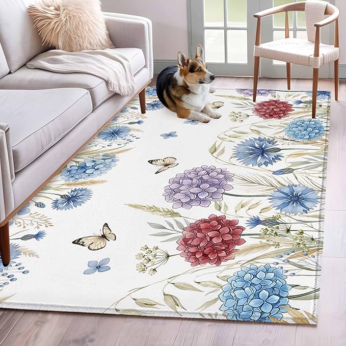 Area Rug 4x6ft, Watercolor Hydrangea Flower Washable Rugs for Living Room Bedroom, Garden Floral Butterfly Leaves Soft Non-Slip Area Rugs Rectangle Floor Carpet for Dining Room